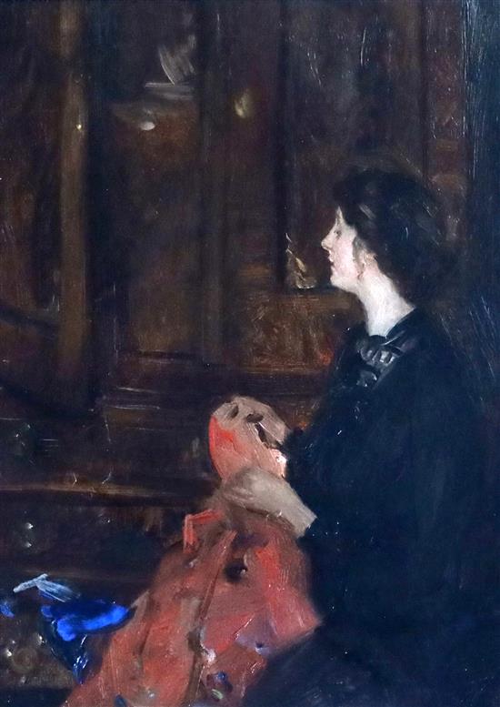 John Da Costa (1866-1931), Lady Sewing, gallery label verso, oil on board, 30 x 23cm